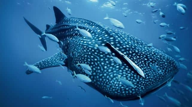 Buzo interactuando suavemente con un tiburón ballena en su hábitat marino